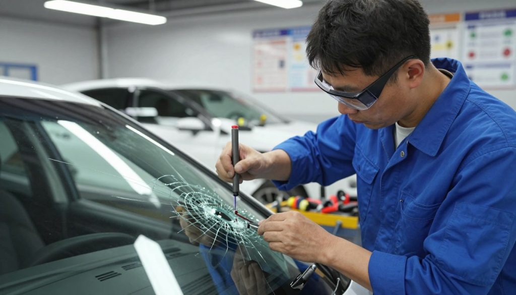 A professional auto glass service scene in a well-lit garage, showcasing a certified technician expertly repairing a cracked windshield. In the foreground, the focus is on the technician, a middle-aged individual wearing a blue uniform and safety goggles, skillfully applying resin to the crack. The middle ground features various tools and equipment neatly arranged, emphasizing a clean and organized workspace. In the background, a vehicle awaits service under bright overhead lighting, with a partially obscured view of a wall displaying certifications and safety posters. The mood conveys diligence and professionalism, highlighting the importance of safety in auto glass repairs. The image is shot with a slight depth of field, creating a sense of focus on the technician's work.