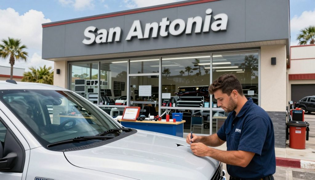 A professional auto glass service station in San Antonio, featuring a sleek, modern storefront with large glass windows showcasing various auto glass products. In the foreground, a qualified technician in professional attire is carefully examining a Ford F-150 pickup truck with a noticeable rock chip on the windshield. The middle ground displays tools and equipment essential for auto glass repairs, meticulously organized on a workbench. The background features a sunny San Antonio day with palm trees and blue skies, creating a welcoming atmosphere. The lighting is bright and inviting, capturing the essence of a busy service station. The angle focuses on the technician's detailed work, emphasizing the convenient and professional nature of the auto glass services available to local drivers. A professional auto glass service station in San Antonio, featuring a sleek, modern storefront with large glass windows showcasing various auto glass products. In the foreground, a qualified technician in professional attire is carefully examining a Ford F-150 pickup truck with a noticeable rock chip on the windshield. The middle ground displays tools and equipment essential for auto glass repairs, meticulously organized on a workbench. The background features a sunny San Antonio day with palm trees and blue skies, creating a welcoming atmosphere. The lighting is bright and inviting, capturing the essence of a busy service station. The angle focuses on the technician's detailed work, emphasizing the convenient and professional nature of the auto glass services available to local drivers.