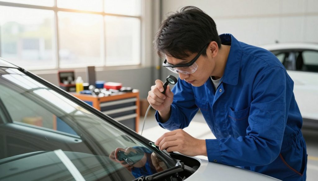 A professional auto glass technician inspecting a vehicle's windshield in a bright, well-lit service garage. In the foreground, the technician, dressed in blue coveralls and safety glasses, examines a small chip with a magnifying tool, showcasing focused attention. In the middle ground, various auto glass repair tools are organized neatly on a tool bench, with a partially disassembled vehicle visible. The background features clear, large windows allowing natural sunlight to illuminate the space, creating a warm and efficient atmosphere. The angle captures the technician's expression of concentration, emphasizing professionalism and care, with soft shadows enhancing depth and realism.