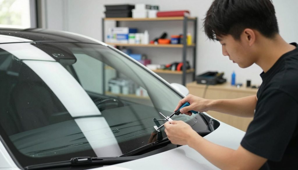 A professional installer applying transparent windshield protection film on a sleek, modern car in a well-lit garage. The foreground shows the installer focused on aligning the film along the car's windshield, using precise tools. The middle ground features a partially visible car with glossy paint reflecting the overhead lights, emphasizing the care taken with the installation. In the background, shelves stocked with installation supplies and tools, creating an organized and professional atmosphere. Natural light streams through a nearby window, illuminating the scene, while the angle captures the installer in profile, showcasing dedication and attention to detail. The overall mood is clean, efficient, and focused on automotive care and protection.