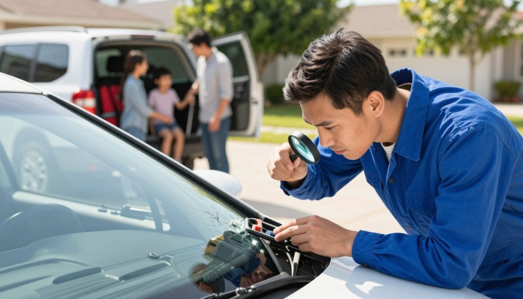 A professional technician in a blue uniform carefully inspects a vehicle's windshield on a bright, sunny day. In the foreground, the technician is using a magnifying glass to examine the glass for cracks and defects, showcasing attention to detail. The middle ground features various tools and safety equipment neatly arranged on the hood of the car, emphasizing a thorough inspection process. In the background, a family can be seen loading luggage into a well-maintained vehicle, hinting at a road trip. The scene is set in a suburban driveway with green trees softly blurred, adding warmth and a sense of responsibility for safety. The lighting is bright, creating a clear and inviting atmosphere that conveys the importance of vehicle safety checks. A professional technician in a blue uniform carefully inspects a vehicle's windshield on a bright, sunny day. In the foreground, the technician is using a magnifying glass to examine the glass for cracks and defects, showcasing attention to detail. The middle ground features various tools and safety equipment neatly arranged on the hood of the car, emphasizing a thorough inspection process. In the background, a family can be seen loading luggage into a well-maintained vehicle, hinting at a road trip. The scene is set in a suburban driveway with green trees softly blurred, adding warmth and a sense of responsibility for safety. The lighting is bright, creating a clear and inviting atmosphere that conveys the importance of vehicle safety checks.