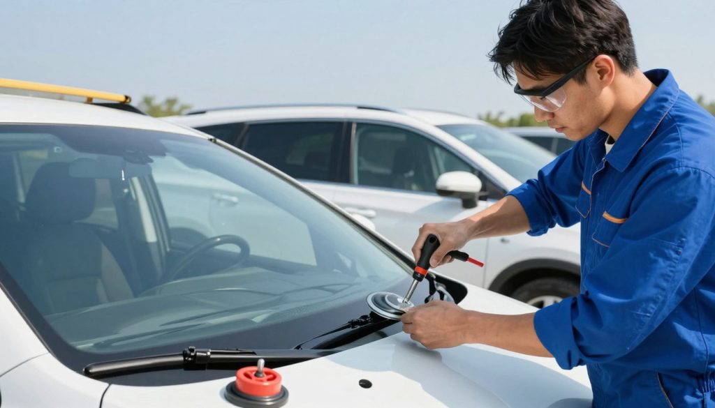 A professional windshield replacement service in action, set in a bright, well-lit parking lot. In the foreground, a technician wearing a blue uniform and safety glasses is skillfully replacing a windshield with precision tools, displaying concentration and expertise. The middle ground shows a modern vehicle with a partially removed windshield, surrounded by essential equipment like suction cups and repair kits. In the background, a clear blue sky enhances the feeling of a productive day. The setting is tidy and organized, reflecting a professional atmosphere. Soft sunlight casts gentle shadows, adding depth to the scene while promoting a sense of efficiency and quick service. The overall mood is upbeat and focused, showcasing a fast, reliable auto glass service that fits within a busy schedule. A professional windshield replacement service in action, set in a bright, well-lit parking lot. In the foreground, a technician wearing a blue uniform and safety glasses is skillfully replacing a windshield with precision tools, displaying concentration and expertise. The middle ground shows a modern vehicle with a partially removed windshield, surrounded by essential equipment like suction cups and repair kits. In the background, a clear blue sky enhances the feeling of a productive day. The setting is tidy and organized, reflecting a professional atmosphere. Soft sunlight casts gentle shadows, adding depth to the scene while promoting a sense of efficiency and quick service. The overall mood is upbeat and focused, showcasing a fast, reliable auto glass service that fits within a busy schedule.