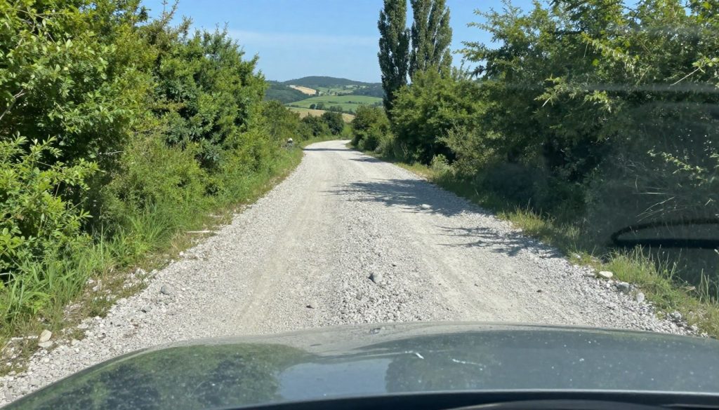 A serene gravel road winding through a picturesque landscape, framed by lush green shrubs and tall trees. In the foreground, a close-up of a car’s windshield glistens under bright daylight, showcasing small impacted chips and cracks caused by gravel debris. The middle ground features a gravel path with visible loose stones, emphasizing potential hazards of driving on this surface. The background presents a soft-focused view of a scenic countryside with distant hills under a clear blue sky. The lighting is bright and airy, casting gentle shadows, creating a peaceful yet cautionary atmosphere. The viewpoint is taken from eye-level, ensuring the viewer is engaged with both the car and the environment, evoking a sense of awareness about windshield safety while navigating gravel roads.