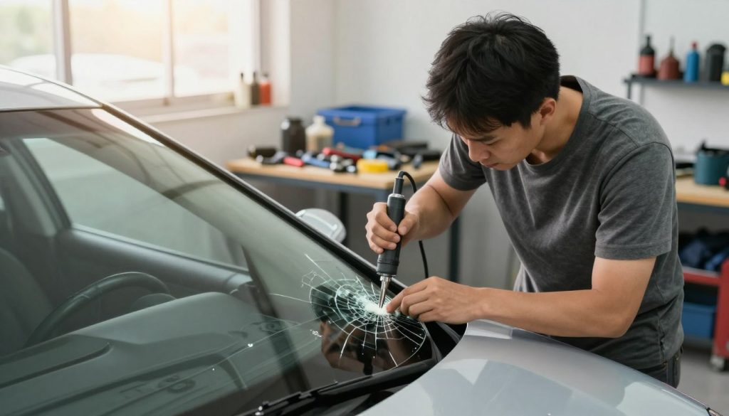 A well-lit auto repair shop interior, showcasing a professional technician in modest casual clothing working on a cracked windshield of a car. The technician, focused and skilled, is using a specialized tool to inject resin into the chip. Surrounding them, various car tools and equipment are organized on a workbench, adding authenticity to the scene. In the background, a clean and tidy workspace is visible, with soft natural light filtering through a window, creating a warm and inviting atmosphere. The angle should be slightly from above, emphasizing the technician's meticulous work while capturing the windshield's damaged area in detail, highlighting the importance of repair before selling a vehicle. A well-lit auto repair shop interior, showcasing a professional technician in modest casual clothing working on a cracked windshield of a car. The technician, focused and skilled, is using a specialized tool to inject resin into the chip. Surrounding them, various car tools and equipment are organized on a workbench, adding authenticity to the scene. In the background, a clean and tidy workspace is visible, with soft natural light filtering through a window, creating a warm and inviting atmosphere. The angle should be slightly from above, emphasizing the technician's meticulous work while capturing the windshield's damaged area in detail, highlighting the importance of repair before selling a vehicle.