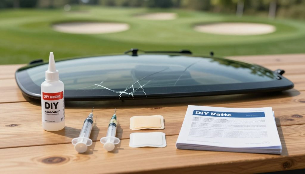 A well-organized display of a DIY windshield repair kit on a wooden table, emphasizing the various components laid out clearly. In the foreground, highlight quality repair resin, a syringe applicator, adhesive pads, and a user manual, arranged neatly. In the middle ground, show a partially repaired windshield with visible cracks, suggesting the challenge of effective repairs. The background features a blurred image of a golf course hazard, such as water or sand traps, subtly hinting at outdoor elements without overshadowing the main focus. Soft, natural lighting illuminates the scene from a side angle, casting gentle shadows, creating a calm, informative atmosphere suitable for an article discussing the limitations of DIY solutions.