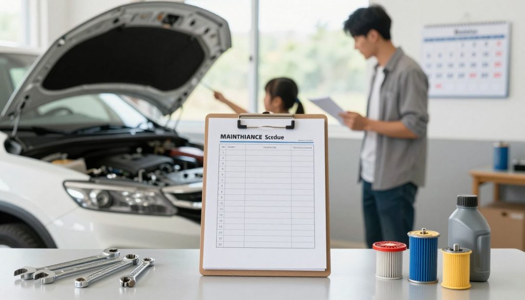 A well-organized vehicle maintenance schedule displayed prominently on a clipboard, situated on a clean garage workbench. In the foreground, tools such as wrenches and oil filters are neatly arranged, symbolizing preparedness and efficiency. In the middle ground, a family-friendly vehicle is parked with an open hood, while a parent examines the windshield with a checklist in hand, dressed in modest casual clothing. In the background, soft natural light streams through a window, creating a warm atmosphere, highlighting a calendar on the wall with maintenance dates marked. The overall mood is one of practicality and familial responsibility, emphasizing easy integration of vehicle care into daily life. Focused depth of field draws attention to the clipboard and checklist, showcasing clarity and importance in vehicle maintenance. A well-organized vehicle maintenance schedule displayed prominently on a clipboard, situated on a clean garage workbench. In the foreground, tools such as wrenches and oil filters are neatly arranged, symbolizing preparedness and efficiency. In the middle ground, a family-friendly vehicle is parked with an open hood, while a parent examines the windshield with a checklist in hand, dressed in modest casual clothing. In the background, soft natural light streams through a window, creating a warm atmosphere, highlighting a calendar on the wall with maintenance dates marked. The overall mood is one of practicality and familial responsibility, emphasizing easy integration of vehicle care into daily life. Focused depth of field draws attention to the clipboard and checklist, showcasing clarity and importance in vehicle maintenance.