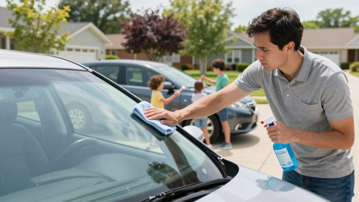 busy parent car maintenance windshield
