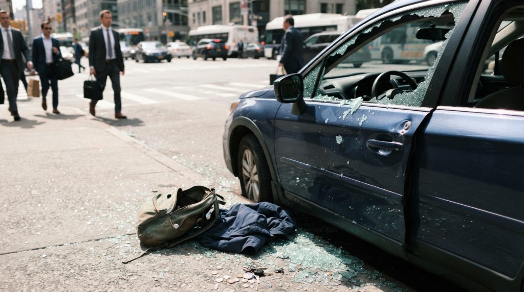 A broken car window in focus at the foreground, shattered glass pieces glinting in the sunlight. Scattered personal belongings like a faded backpack, a rolled-up jacket, and a few loose change coins are positioned thoughtfully around the window's edge. In the middle ground, the car door, partially open, shows a slight dent where it was forced, with the interior light catching on the dashboard in a soft glow. The background reveals a busy city street, slightly blurred to emphasize the scene, with pedestrians walking in professional attire, unaware of the disrupted moment. The overall mood should convey a sense of loss and urgency, illuminated by bright daylight that casts clear shadows of the glass pieces, creating a contrast between the chaos and the otherwise normal surroundings.