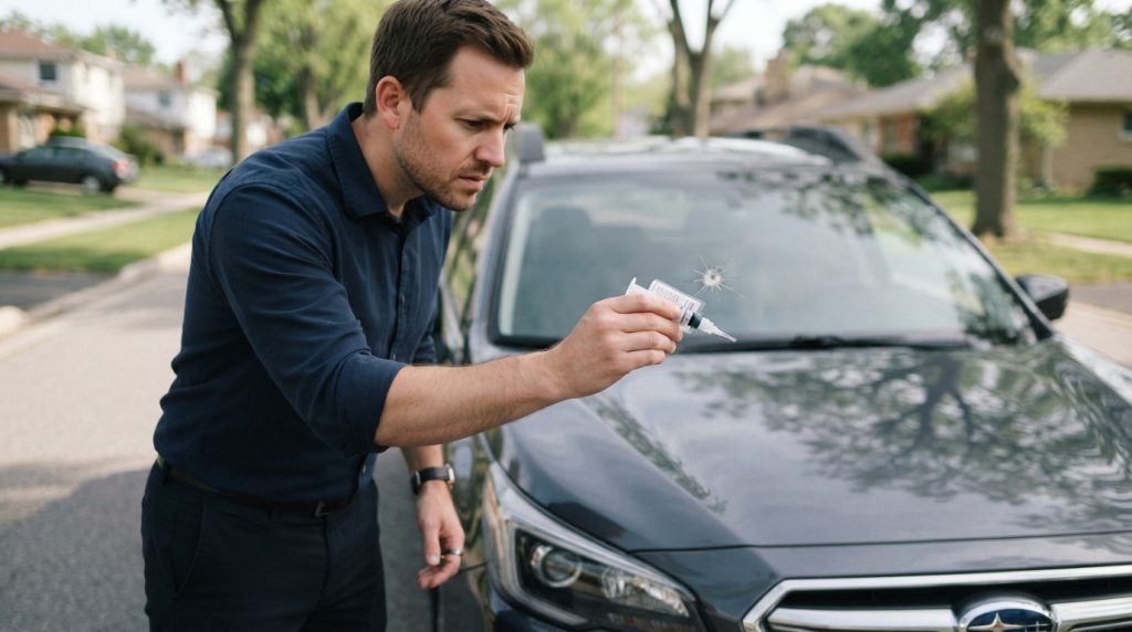 A car owner, dressed in professional casual attire, standing near their vehicle, closely examining a small chip on the windshield. The person is holding a resin kit in one hand, looking intently at the damage, with a furrowed brow that conveys a sense of concern and contemplation. In the foreground, focus on the hand holding the chip and resin, with the vehicle's front end slightly blurred. The middle ground showcases the windshield with visible cracks illuminated by soft, natural lighting that enhances details. In the background, a suburban street is casually visible, with trees and houses softly out of focus, creating a sense of environment. The overall mood is thoughtful and practical, embodying a moment of decision-making about repair options. A car owner, dressed in professional casual attire, standing near their vehicle, closely examining a small chip on the windshield. The person is holding a resin kit in one hand, looking intently at the damage, with a furrowed brow that conveys a sense of concern and contemplation. In the foreground, focus on the hand holding the chip and resin, with the vehicle's front end slightly blurred. The middle ground showcases the windshield with visible cracks illuminated by soft, natural lighting that enhances details. In the background, a suburban street is casually visible, with trees and houses softly out of focus, creating a sense of environment. The overall mood is thoughtful and practical, embodying a moment of decision-making about repair options.