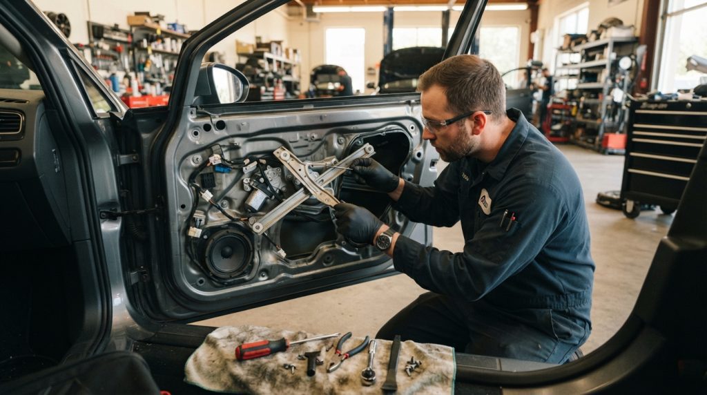 A car technician, dressed in professional work attire, is intently examining a window regulator and track inside the door of a vehicle. In the foreground, focus on the technician’s hands as they carefully inspect the intricate components, with a toolkit nearby that includes various screwdrivers and pliers. In the middle-ground, show the partially disassembled car door, with visible wires and mechanical parts, emphasizing the complexity of the window mechanism. The background should include a well-lit garage environment with tools and equipment organized neatly on shelves, casting soft shadows to create depth. The lighting is bright and natural, simulating an afternoon glow, enhancing the sense of professionalism and focus in the scene.
