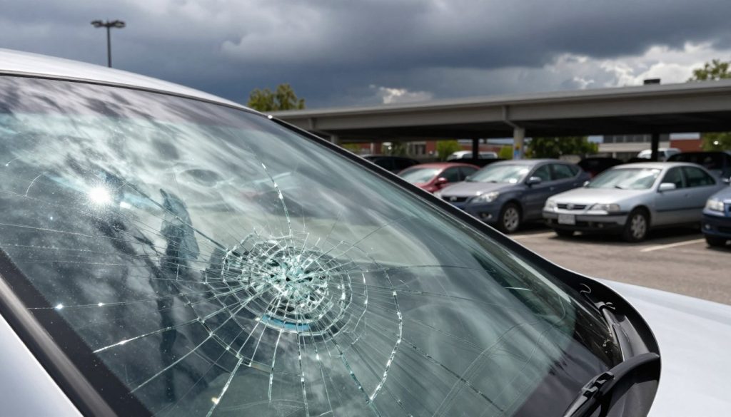 A close-up of a car windshield showing clear evidence of thermal stress, with visible cracks and distortions caused by temperature fluctuations. In the foreground, the shattered glass pieces are reflecting sunlight, creating sparkling highlights. The middle ground features a partially covered parking garage, showcasing an assortment of vehicles parked, some exhibiting signs of damage due to weather exposure. The background consists of a cityscape under dramatic stormy clouds, hinting at an impending weather change. The scene is illuminated by a mix of natural light and harsh shadows, capturing the tension between the elements. The atmosphere feels tense and ominous, emphasizing the destructive impact of thermal stress on windshields. No captions or watermarks are included. A close-up of a car windshield showing clear evidence of thermal stress, with visible cracks and distortions caused by temperature fluctuations. In the foreground, the shattered glass pieces are reflecting sunlight, creating sparkling highlights. The middle ground features a partially covered parking garage, showcasing an assortment of vehicles parked, some exhibiting signs of damage due to weather exposure. The background consists of a cityscape under dramatic stormy clouds, hinting at an impending weather change. The scene is illuminated by a mix of natural light and harsh shadows, capturing the tension between the elements. The atmosphere feels tense and ominous, emphasizing the destructive impact of thermal stress on windshields. No captions or watermarks are included.