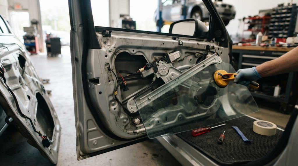A close-up shot of a car door panel opened, revealing the inner mechanics for window repair and glass fitting. The foreground focuses on the detailed components of the door, showcasing the metal framing, wiring, and a partially detached window glass. The middle ground features tools like a screwdriver and glass suction cups, carefully placed to indicate an ongoing repair process. The background shows a blurred garage setting with soft ambient light filtering in, suggesting a safe and professional environment. The image is taken with a wide-angle lens, emphasizing depth and detail, creating an informative and engaging atmosphere for the viewer. The scene conveys a sense of technical precision and readiness for the task ahead.