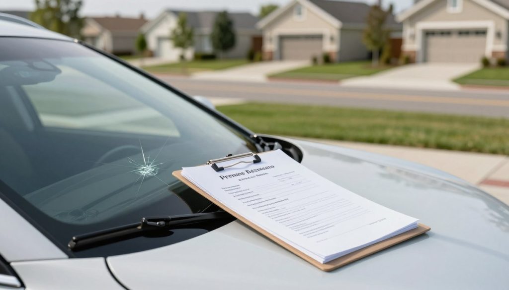 A close-up view of a Genesis GV70 parked in a well-maintained suburban neighborhood, showcasing its sleek design. In the foreground, emphasize the detailed windshield with a subtle crack visible, highlighting the need for replacement. The middle ground features an open quote document on a clipboard resting on the hood of the car, displaying a professional estimate for windshield repair in elegant typography. The background captures a picturesque neighborhood with manicured lawns and modern homes under soft, natural daylight, conveying a peaceful atmosphere. Use a shallow depth of field to draw focus on the vehicle and the quote, with a slightly blurred background, creating a clean, professional look while maintaining an inviting mood. A close-up view of a Genesis GV70 parked in a well-maintained suburban neighborhood, showcasing its sleek design. In the foreground, emphasize the detailed windshield with a subtle crack visible, highlighting the need for replacement. The middle ground features an open quote document on a clipboard resting on the hood of the car, displaying a professional estimate for windshield repair in elegant typography. The background captures a picturesque neighborhood with manicured lawns and modern homes under soft, natural daylight, conveying a peaceful atmosphere. Use a shallow depth of field to draw focus on the vehicle and the quote, with a slightly blurred background, creating a clean, professional look while maintaining an inviting mood.