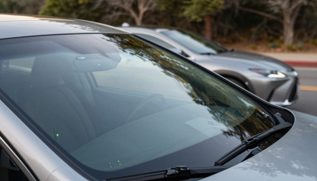 A close-up view of a Lexus windshield showcasing its advanced safety features, focusing on the intricate layers of laminated glass with embedded sensors for collision detection. In the foreground, highlight the windshield with clear reflections of a serene La Cantera landscape, creating a juxtaposition of technology and nature. In the middle, include glimpses of the Lexus car’s sleek design, emphasizing the contours and brand emblem. The background should feature a blurred motion of trees and serene roads, capturing the essence of a quiet drive. Use soft, natural lighting to enhance the glass's transparency and the overall calm atmosphere, while maintaining a professional and polished look. Ensure the angle demonstrates a slight tilt, allowing for depth and perspective in the scene.