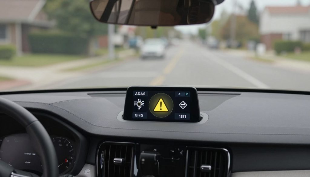 A close-up view of a Volvo car's windshield, prominently featuring a digital ADAS recalibration warning sign displayed on the dashboard. In the foreground, the warning sign is vivid and eye-catching, showing a stylized caution symbol alongside icons representing advanced safety technologies. The middle ground includes the interior of the Volvo, with a focus on a sleek, modern design, with attention to detail in the materials used. The background captures a blurred suburban street, conveying a sense of imminent driving conditions. Soft, natural lighting streams in through the windshield, creating a calm and serious atmosphere, while maintaining a high level of realism in textures. The angle is slightly from above, giving viewers an immersive feel as if they are experiencing the situation firsthand.