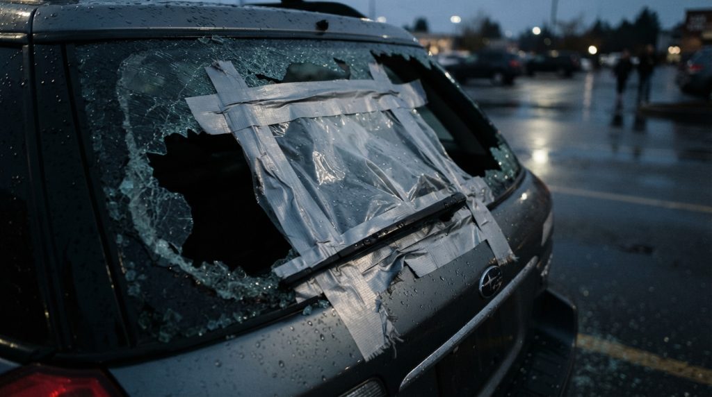 A close-up view of a broken rear windshield with sharp shards of glass partially visible around the edges, illustrating the damage. Over the shattered opening, a translucent plastic sheet is tightly secured with adhesive tape, creating a makeshift barrier against the elements. The scene is set in a dimly lit parking lot during early evening, casting soft shadows and highlighting the textures of the glass and plastic. The lens is focused on the windshield, capturing the intricate details of the shattered glass and the wrinkles of the plastic. In the background, blurred shapes of cars and streetlights provide context without distracting from the main subject, evoking a sense of neglect and the unexpected nature of the damage. The atmosphere is somber and reflective, ideal for illustrating the topic of rear windshield shattering.