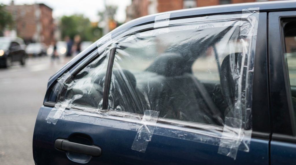 A close-up view of a car side window covered with a plastic temporary window cover, securely fastened with clear packing tape. The foreground showcases the detailed texture of the plastic, glistening slightly under natural sunlight. In the middle ground, focus on the neatly applied tape, emphasizing its smooth adhesion against the car frame. The background features a blurred urban setting, hinting at a busy street scene, with soft bokeh effects to maintain attention on the cover. The lighting is bright yet soft, creating an atmosphere of practicality and resourcefulness, highlighting the makeshift yet effective solution for a shattered window. The angle is slightly tilted, providing a dynamic perspective that enhances the visual interest. No text or distractions are present in the image.