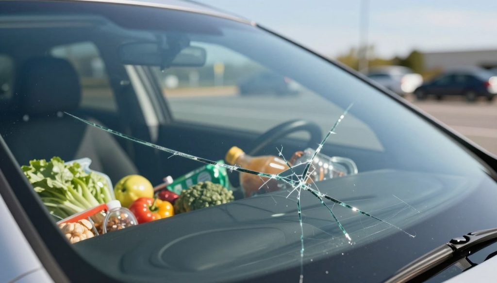A close-up view of a car windshield featuring a noticeable crack and several chips, highlighting the damage after loading groceries. In the foreground, emphasize the irregular pattern of the crack, with sharp detail to capture the glass texture and imperfections. The middle ground shows groceries partially visible in the car's interior, with vibrant colors from fresh produce and packaging to provide context. The background includes a blurred parking lot with a few cars and a bright blue sky, suggesting a sunny day. Use soft natural light to enhance the glass reflections, capturing an overall sense of urgency and the need for repair. The atmosphere should feel informative yet approachable, suitable for a technical assessment. A close-up view of a car windshield featuring a noticeable crack and several chips, highlighting the damage after loading groceries. In the foreground, emphasize the irregular pattern of the crack, with sharp detail to capture the glass texture and imperfections. The middle ground shows groceries partially visible in the car's interior, with vibrant colors from fresh produce and packaging to provide context. The background includes a blurred parking lot with a few cars and a bright blue sky, suggesting a sunny day. Use soft natural light to enhance the glass reflections, capturing an overall sense of urgency and the need for repair. The atmosphere should feel informative yet approachable, suitable for a technical assessment.