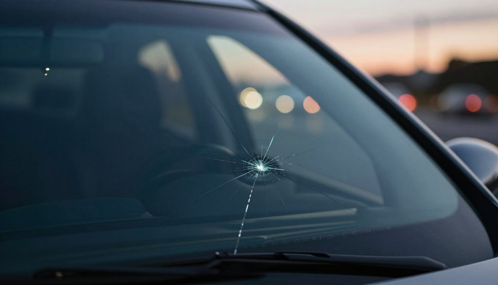 A close-up view of a car windshield with a visible hairline crack, highlighting the impact of windshield damage on driving safety. In the foreground, focus on the crack itself, showing fine details like reflections of road lights glimmering off the glass surface. The middle layer features the driver's view through the windshield, capturing a blurred cityscape under a dusky evening sky, demonstrating the challenges of visibility. In the background, soft yet dramatic lighting should create a sense of urgency and concern over safe driving. Use a wide-angle lens effect to emphasize depth, giving the viewer an immersive sensation of being inside the vehicle. The overall mood is serious and contemplative, aiming to evoke awareness about the importance of windshield integrity for safe driving.