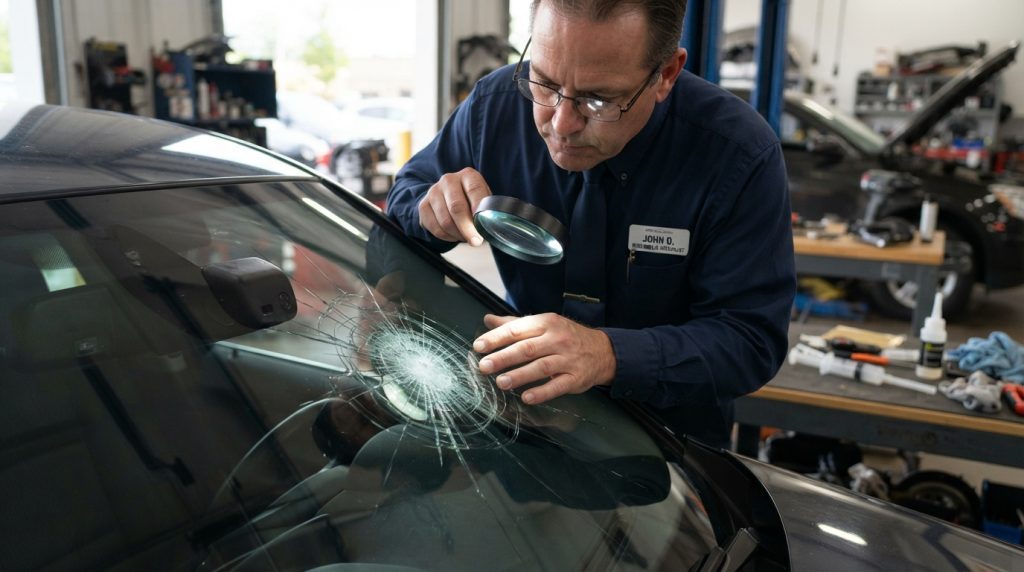 A close-up view of a cracked windshield positioned near a rain sensor, undergoing professional inspection. In the foreground, the intricate network of cracks radiates from a central point, highlighted by soft, natural lighting that accentuates the glass texture. The inspector, dressed in formal business attire, leans in with a focused expression, examining the damage with a magnifying glass. In the middle ground, tools for windshield repair are visible, hinting at the diagnostic process. The background features a blurred workshop environment, with tools and equipment subtly illuminated, creating a technical and efficient atmosphere. The overall mood is serious and professional, emphasizing the importance of assessing the crack for repairs or replacement. A close-up view of a cracked windshield positioned near a rain sensor, undergoing professional inspection. In the foreground, the intricate network of cracks radiates from a central point, highlighted by soft, natural lighting that accentuates the glass texture. The inspector, dressed in formal business attire, leans in with a focused expression, examining the damage with a magnifying glass. In the middle ground, tools for windshield repair are visible, hinting at the diagnostic process. The background features a blurred workshop environment, with tools and equipment subtly illuminated, creating a technical and efficient atmosphere. The overall mood is serious and professional, emphasizing the importance of assessing the crack for repairs or replacement.