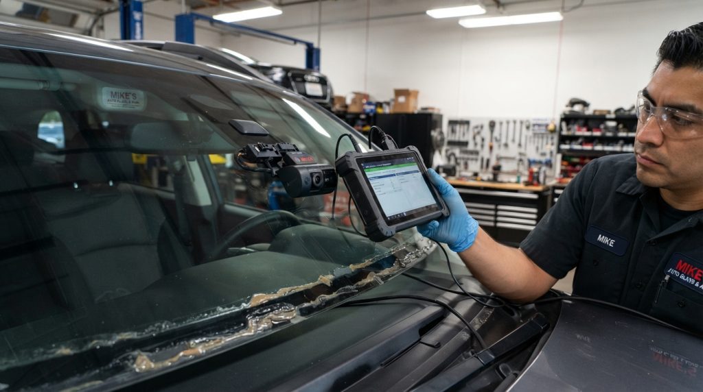 A close-up view of a mechanic inspecting a windshield camera and sensor features before glass replacement. In the foreground, focus on a hand holding a diagnostic tool, examining the sensor alignment with precision. The middle ground shows an SUV with a partially removed windshield, highlighting high-tech camera sensors affixed to the glass. In the background, a well-lit workshop with tools organized neatly on the shelves emphasizes a professional atmosphere. The lighting is bright and functional, creating an inviting yet technical mood, ideal for automotive discussion. Capture the detail of the camera, sensors, and the windshield's edge for a thorough depiction of the inspection process. The mechanic is dressed in a neat work uniform, reflecting expertise and professionalism. A close-up view of a mechanic inspecting a windshield camera and sensor features before glass replacement. In the foreground, focus on a hand holding a diagnostic tool, examining the sensor alignment with precision. The middle ground shows an SUV with a partially removed windshield, highlighting high-tech camera sensors affixed to the glass. In the background, a well-lit workshop with tools organized neatly on the shelves emphasizes a professional atmosphere. The lighting is bright and functional, creating an inviting yet technical mood, ideal for automotive discussion. Capture the detail of the camera, sensors, and the windshield's edge for a thorough depiction of the inspection process. The mechanic is dressed in a neat work uniform, reflecting expertise and professionalism.