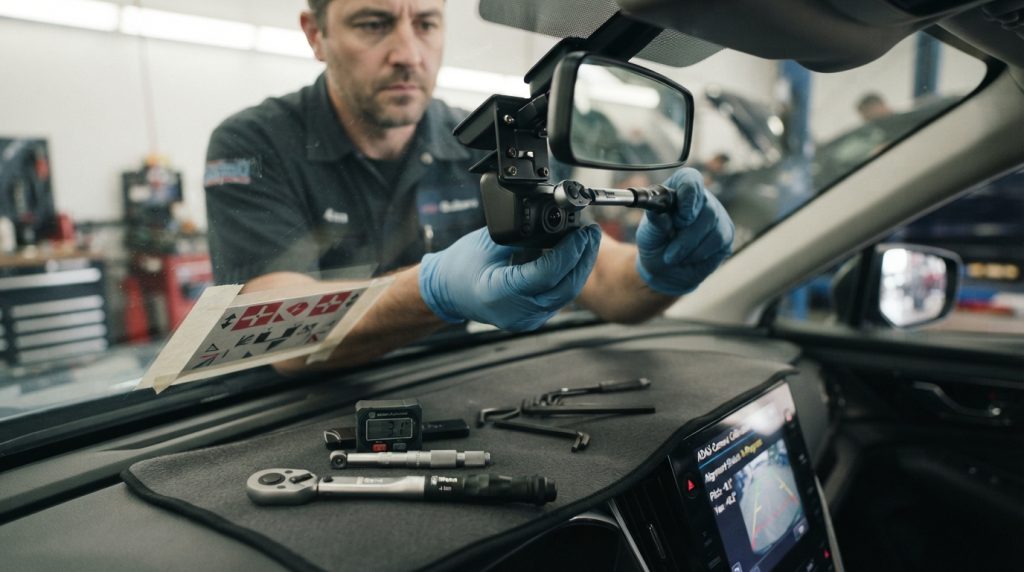 A close-up view of a mechanic's hands carefully adjusting a vehicle’s camera mount inside a car after windshield replacement. The foreground highlights the detailed tools used in the calibration process, such as a torque wrench and a measuring tool, emphasizing precision and professionalism. In the middle, the vehicle dashboard is visible, featuring a modern infotainment system displaying calibration settings. The background shows an auto repair shop setting, well-lit with soft overhead lights, creating a focused and professional atmosphere. The mood is serious and technical, conveying the importance of camera calibration in vehicle safety, with a shallow depth of field to draw attention to the camera mount adjustments. A close-up view of a mechanic's hands carefully adjusting a vehicle’s camera mount inside a car after windshield replacement. The foreground highlights the detailed tools used in the calibration process, such as a torque wrench and a measuring tool, emphasizing precision and professionalism. In the middle, the vehicle dashboard is visible, featuring a modern infotainment system displaying calibration settings. The background shows an auto repair shop setting, well-lit with soft overhead lights, creating a focused and professional atmosphere. The mood is serious and technical, conveying the importance of camera calibration in vehicle safety, with a shallow depth of field to draw attention to the camera mount adjustments.
