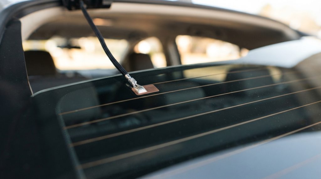 A close-up view of a new car rear windshield, displaying a well-defined defroster grid and a power tab, showcasing the intricate details and technology involved. The foreground features the glossy glass surface, highlighting the delicate lines of the defroster elements in a shiny finish. In the middle ground, focus on the seamless integration of the power tab, with visible electrical connections. The background depicts a blurred car interior with soft, warm lighting filtering through, creating a professional and clean atmosphere. The angle is slightly upward, providing depth and emphasizing the sleek design of the windshield. A feeling of precision and innovation permeates the scene, reflecting the importance of the defroster system's functionality in automotive design.