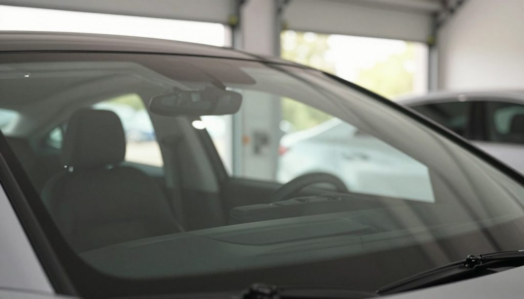 A close-up view of a new vehicle windshield, showcasing advanced glass specifications, emphasizing its clarity and reflective properties. In the foreground, focus on intricate details like the edges and mounting points of the glass, highlighting its precision engineering. The middle layer includes a blurred representation of a vehicle's interior, suggesting a modern and sleek vehicle design. In the background, soft, natural daylight filters through an open garage door, creating a warm and inviting atmosphere that enhances the glass's shine. Use a shallow depth of field to draw attention to the windshield while softly blurring the surrounding context. The mood is professional yet approachable, perfect for a car enthusiast or everyday driver.