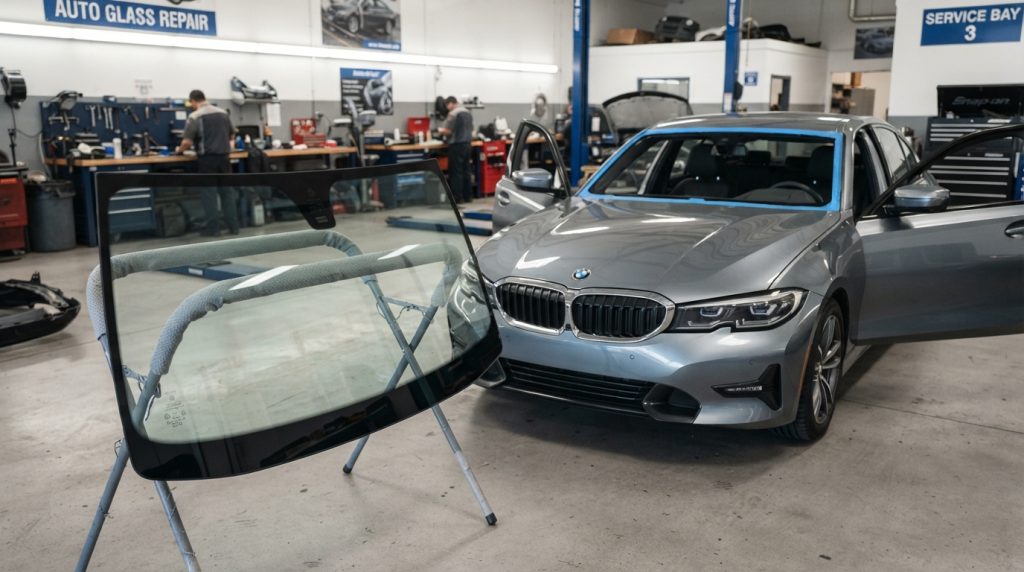 A close-up view of a replacement windshield glass neatly positioned beside a sleek, modern vehicle, showcasing the glass's glossy surface reflecting natural light. In the foreground, the windshield glass is prominently displayed, emphasizing its precise dimensions and clarity. In the middle ground, the vehicle, a contemporary sedan, is parked on a clean, paved surface, with its doors slightly ajar, hinting at the replacement process. The background features a bright, well-lit auto repair shop, with tools and equipment subtly visible, creating a professional atmosphere. The overall mood is one of efficiency and readiness, with soft shadows adding depth to the scene, captured from a low angle for a dynamic perspective.