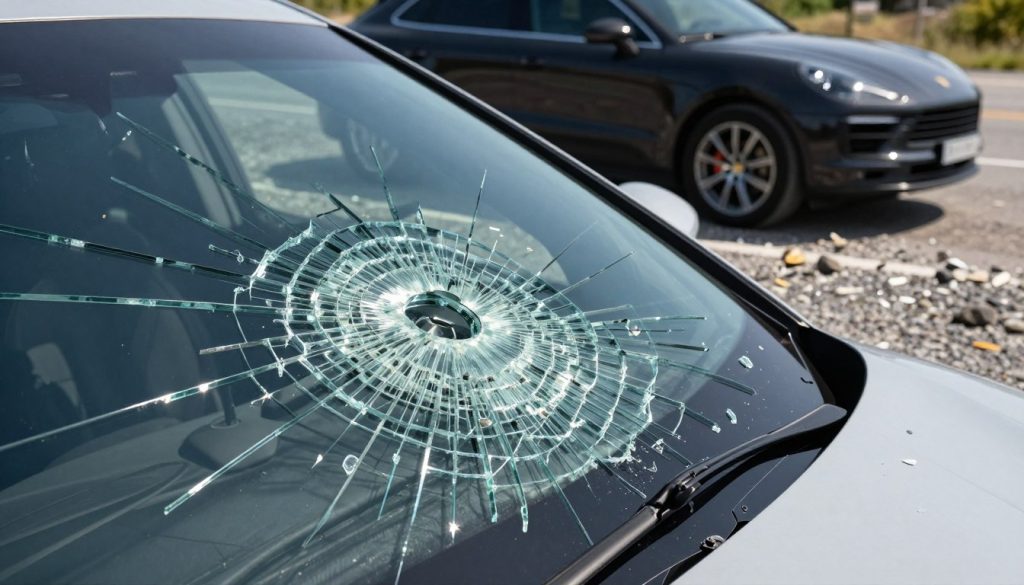 A close-up view of a shattered windshield of a Porsche Macan, showcasing intricate patterns of cracked auto glass due to road debris impact. In the foreground, pieces of glass glisten under natural light, highlighting the damage with sharp, reflective edges. The middle ground features small fragments of road debris, like stones and gravel, scattered near the vehicle, and the sleek silhouette of the Porsche Macan can be seen blurred in the background, parked on a gravel road. The lighting is bright and clear, evoking a sense of midday sun, enhancing the details of the glass shards. The overall atmosphere is tense yet informative, emphasizing the serious consequences of road debris on this luxury vehicle.
