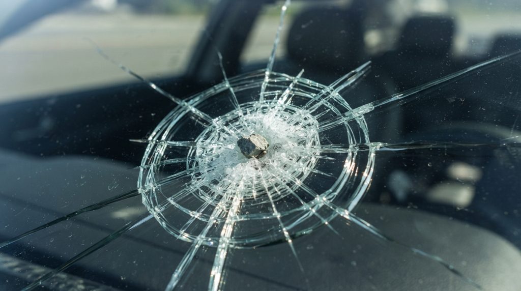 A close-up view of a star-shaped windshield crack radiating outward from the point of impact where a small, jagged rock has struck. The foreground features the intricate details of the crack, highlighting its sharp edges and angular patterns. In the middle ground, the shattered glass has a reflective quality, allowing soft sunlight to filter through, casting delicate shadows. The background is blurred to emphasize the crack, hinting at an interior of a vehicle. The lighting is natural and bright, creating an atmosphere of urgency and realism. Capture this scene with a macro lens perspective to focus on the textures and reflections of the glass. Avoid distractions to ensure the crack's formation remains the central focus.