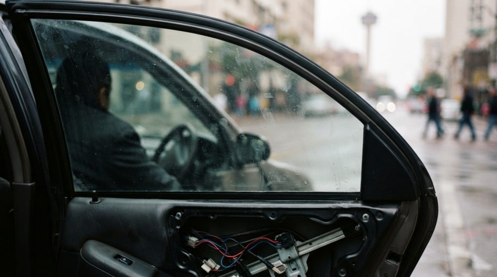 A close-up view of a still car window glass, reflecting faint outlines of the vehicle's interior, set in a mode of tension and focus. In the foreground, capture the smooth surface of the glass, showcasing subtle reflections and fingerprints to indicate recent use. The middle ground features the window mechanism subtly suggested by slightly visible wiring and components, hinting at the internal mechanisms involved in power window failures. In the background, create a soft blur of urban San Antonio streets, with muted colors to suggest a moment of quiet urgency. Use soft, diffuse natural lighting to convey a contemplative mood, while maintaining a sharp focus on the glass and its surroundings. The angle should be slightly tilted to emphasize the contrast between the stillness of the glass and the chaotic nature of the noise it represents.