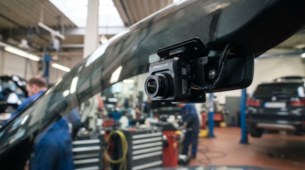 A close-up view of a windshield camera mounted just inches from the glass, focused on the intricate details of the vehicle’s repair work. In the foreground, the glossy surface of the glass captures reflections of surroundings like a bright workshop filled with tools and equipment. The middle ground shows the camera lens with a subtle gleam, emphasizing modern technology and precision engineering. The background consists of blurred outlines of automotive repair tools, creating an atmosphere of professionalism and technical expertise. The lighting is bright and clear, highlighting the camera's features with soft shadows to create depth. The overall mood conveys a sense of innovation and meticulous care in automotive safety systems. A close-up view of a windshield camera mounted just inches from the glass, focused on the intricate details of the vehicle’s repair work. In the foreground, the glossy surface of the glass captures reflections of surroundings like a bright workshop filled with tools and equipment. The middle ground shows the camera lens with a subtle gleam, emphasizing modern technology and precision engineering. The background consists of blurred outlines of automotive repair tools, creating an atmosphere of professionalism and technical expertise. The lighting is bright and clear, highlighting the camera's features with soft shadows to create depth. The overall mood conveys a sense of innovation and meticulous care in automotive safety systems.
