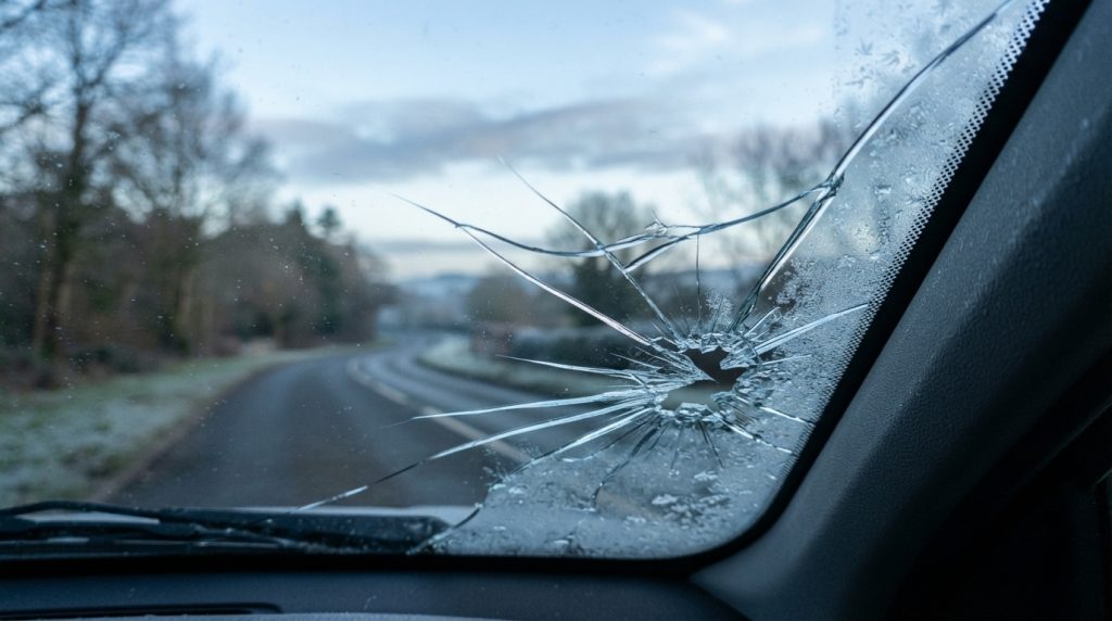 A close-up view of a windshield crack, prominently extending from one edge, during a chilly morning drive. The crack is intricate, with jagged lines and a subtle sheen from the early morning frost. In the foreground, the textured glass of the windshield is highlighted, showcasing tiny frost crystals clinging to its surface. In the middle ground, the blurred outline of a tree-lined road appears, suggesting the drive's context, with soft, diffused morning light casting a cool, serene glow. The background features a soft-focus of a pale blue sky with wispy clouds, evoking a crisp winter atmosphere. The overall mood is calm yet tense, reflecting the potential danger of the crack. No captions or text overlays should be included.