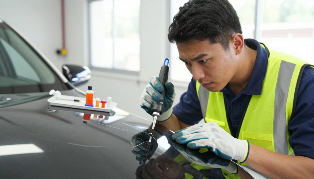 A close-up view of an auto glass repair technician inspecting a windshield with a focused expression, dressed in professional work attire, including a safety vest and gloves. In the foreground, the technician is using a specialized tool to examine a hairline crack, with the tool positioned at an angle that highlights the crack's details. The middle ground features the car interior, partially visible, with essential repair equipment like resin and syringes neatly organized nearby. In the background, the workshop is well-lit with natural daylight streaming through a window, illuminating the workspace and creating a clean and focused atmosphere. Capture a sense of professionalism and precision, emphasizing the meticulous nature of the repair process.