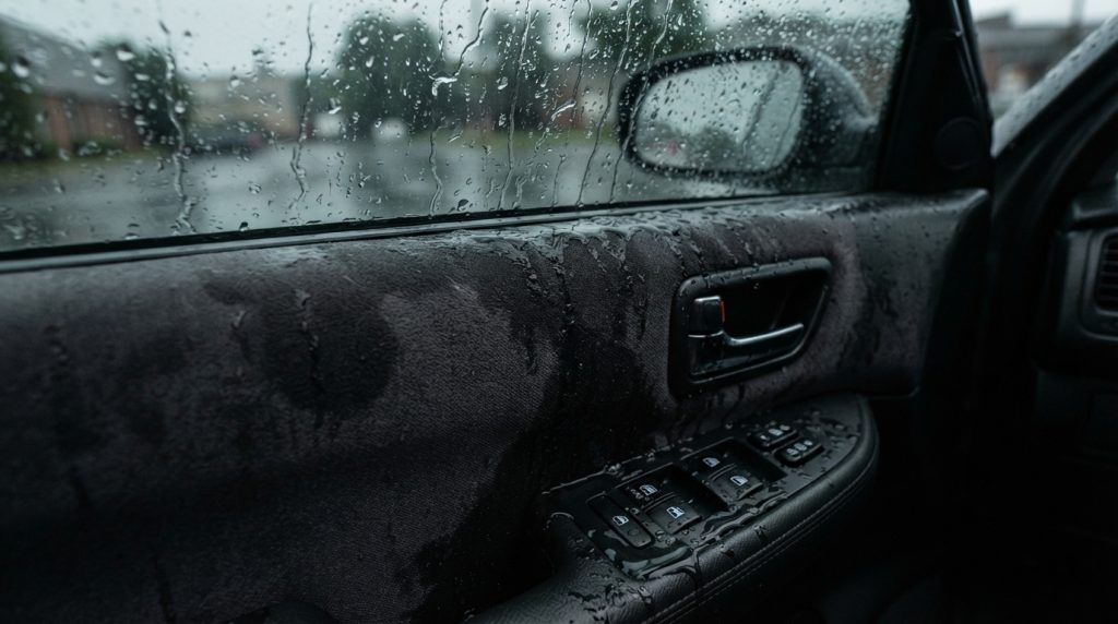 A close-up view of an open car window during a rainstorm, with droplets streaming down the glass and pooling on the interior door panel. The focus is on the door panel, showcasing water gradually soaking into the fabric and affecting the electronic window controls. In the foreground, you can see the water droplets in sharp detail, while the middle ground features the glistening door panel, highlighting the potential damage. The background should hint at the rainy atmosphere, with blurred raindrops and dark, gloomy skies. The lighting is dim and natural, emphasizing the wetness and creating a somber mood, suggesting the consequences of a faulty window motor or regulator failure.