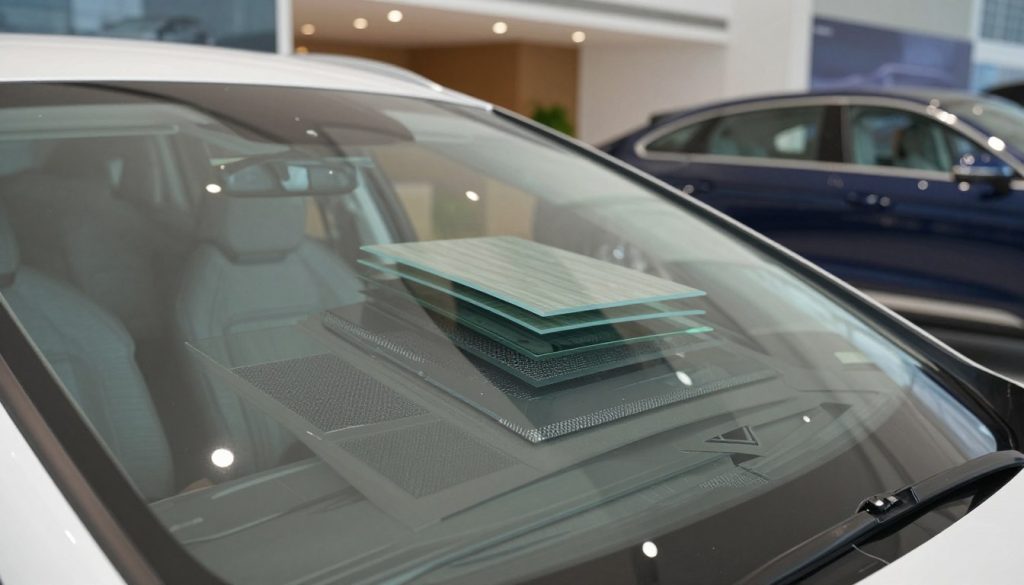 A close-up view of luxury vehicle windshields made from specialized auto glass materials, showcasing various textures and layers. In the foreground, highlight the sleek surface of the windshield with reflections of urban scenery, emphasizing clarity and craftsmanship. In the middle ground, show a cutaway view illustrating the advanced technology within the glass, such as insulation layers and coatings that enhance durability and aesthetics. The background features an elegant auto showroom, softly lit to create a sophisticated atmosphere, with modern luxury cars slightly blurred. The overall mood is refined and technical, capturing the premium essence of luxury vehicles while focusing on their distinctive windshields. Use natural, diffused lighting to accentuate the glass’s brilliance, and employ a shallow depth of field to draw attention to the intricate details.