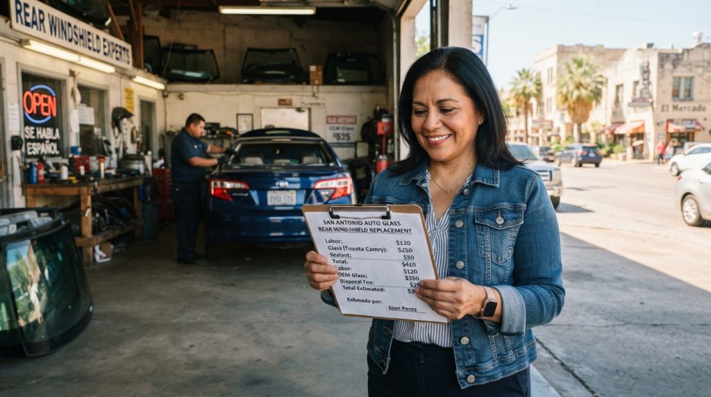 A confident driver examining a detailed price list for rear windshield replacement services in San Antonio. The foreground features the driver, a middle-aged individual in a smart casual outfit, holding a clipboard with cost information. In the middle ground, highlight a workshop with tools and auto parts like windshields and a workbench, symbolizing the repair process. The background showcases a sunlit street in San Antonio, Texas, with vibrant buildings and palm trees. Use warm, natural lighting to create a professional and informative atmosphere, with a slight depth of field effect focusing on the driver and clipboard, while the workshop remains slightly blurred. Capture a sense of practicality and clarity, reflecting the importance of understanding costs in vehicle maintenance. A confident driver examining a detailed price list for rear windshield replacement services in San Antonio. The foreground features the driver, a middle-aged individual in a smart casual outfit, holding a clipboard with cost information. In the middle ground, highlight a workshop with tools and auto parts like windshields and a workbench, symbolizing the repair process. The background showcases a sunlit street in San Antonio, Texas, with vibrant buildings and palm trees. Use warm, natural lighting to create a professional and informative atmosphere, with a slight depth of field effect focusing on the driver and clipboard, while the workshop remains slightly blurred. Capture a sense of practicality and clarity, reflecting the importance of understanding costs in vehicle maintenance.