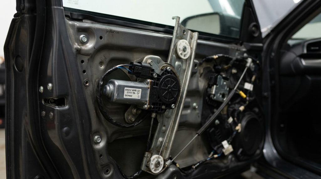 A detailed close-up of a window regulator motor inside a car door, showcasing the intricate components involved in lifting the glass. The motor is clearly visible, with metallic and plastic textures illuminated by soft, diffused lighting. In the foreground, focus on the motor and connecting cables, highlighting their mechanical features. In the middle ground, the car door structure can be seen, emphasizing its depth with shadows that convey realism. The background remains slightly blurred, suggesting the interior of a car without distractions, enhancing focus on the machinery. The angle captures a dynamic perspective, giving a sense of action, as if the motor is in the process of operating. The mood is technical and informative, suited for a detailed analysis of automotive repair.