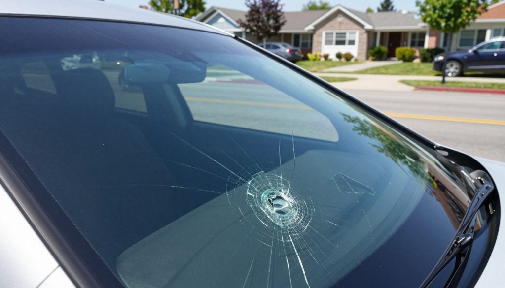 A detailed close-up view of a Genesis GV70 windshield exhibiting noticeable damage, highlighting various types of chips and cracks. In the foreground, focus on the windshield with the damage clearly visible, sparkling in natural light. In the middle, include subtle reflections of neighborhood scenery, suggesting the typical surroundings where such damage occurs, like parked cars and residential buildings. In the background, a soft-focus neighborhood street with well-maintained homes and trees creates a serene atmosphere. The lighting is bright and sunny, emphasizing the clarity of the glass damage but also hinting at the vulnerability of vehicles. Capture the image at a slightly angled perspective to enhance depth, conveying an informative yet calm mood conducive to discussion. No text or logos should be present. A detailed close-up view of a Genesis GV70 windshield exhibiting noticeable damage, highlighting various types of chips and cracks. In the foreground, focus on the windshield with the damage clearly visible, sparkling in natural light. In the middle, include subtle reflections of neighborhood scenery, suggesting the typical surroundings where such damage occurs, like parked cars and residential buildings. In the background, a soft-focus neighborhood street with well-maintained homes and trees creates a serene atmosphere. The lighting is bright and sunny, emphasizing the clarity of the glass damage but also hinting at the vulnerability of vehicles. Capture the image at a slightly angled perspective to enhance depth, conveying an informative yet calm mood conducive to discussion. No text or logos should be present.