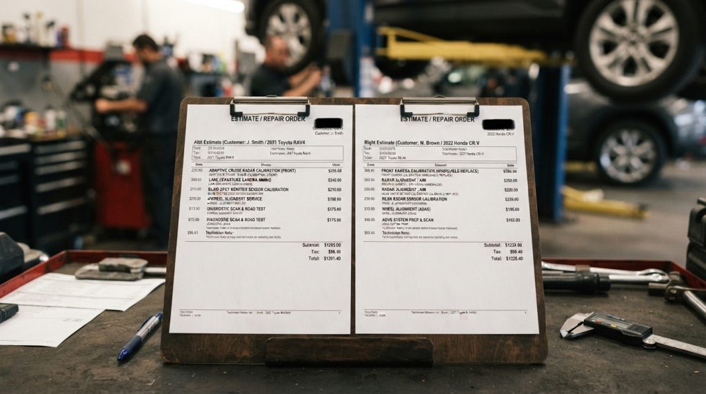A detailed image depicting two repair estimates listing calibration and alignment line items. The foreground features a clean, organized table or clipboard with two separate documents side by side, showing precise figures and technical details related to ADAS calibration costs. The middle section should include a softly blurred mechanic's workspace, with tools and car parts subtly visible, emphasizing a professional environment. The background can showcase a well-lit auto repair shop with bright overhead lighting, giving a sense of clarity and focus. The mood should convey professionalism and attention to detail, capturing the essence of costs involved in vehicle calibration. Use a standard camera angle to present the documents clearly, ensuring no text or logos are present in the image. A detailed image depicting two repair estimates listing calibration and alignment line items. The foreground features a clean, organized table or clipboard with two separate documents side by side, showing precise figures and technical details related to ADAS calibration costs. The middle section should include a softly blurred mechanic's workspace, with tools and car parts subtly visible, emphasizing a professional environment. The background can showcase a well-lit auto repair shop with bright overhead lighting, giving a sense of clarity and focus. The mood should convey professionalism and attention to detail, capturing the essence of costs involved in vehicle calibration. Use a standard camera angle to present the documents clearly, ensuring no text or logos are present in the image.