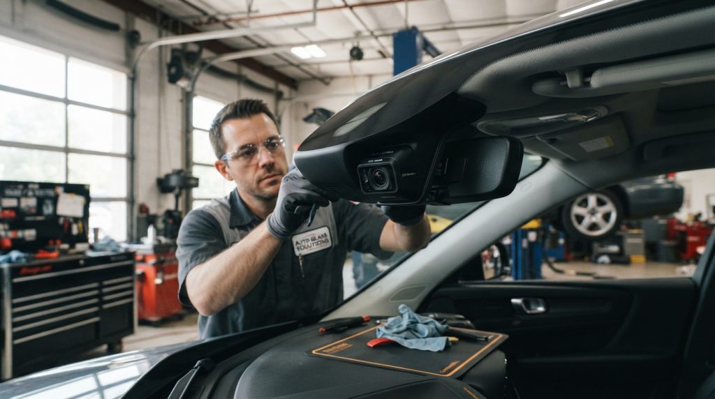 A detailed scene of a vehicle undergoing windshield replacement, focusing on the area beside the camera near the rearview mirror. The foreground features a clean, partially removed windshield with professional technicians in work attire carefully handling the installation. In the middle ground, a high-resolution safety camera is clearly visible, positioned at the rearview mirror, capturing details of its calibration process. The background includes a garage setting with tools and equipment organized neatly, and soft, natural lighting highlights the intricate details of the windshield and camera. The atmosphere is professional and focused, conveying the importance of precision in ADAS calibration. The angle is slightly elevated, offering a clear view of both the technicians' work and the vehicle's interior. A detailed scene of a vehicle undergoing windshield replacement, focusing on the area beside the camera near the rearview mirror. The foreground features a clean, partially removed windshield with professional technicians in work attire carefully handling the installation. In the middle ground, a high-resolution safety camera is clearly visible, positioned at the rearview mirror, capturing details of its calibration process. The background includes a garage setting with tools and equipment organized neatly, and soft, natural lighting highlights the intricate details of the windshield and camera. The atmosphere is professional and focused, conveying the importance of precision in ADAS calibration. The angle is slightly elevated, offering a clear view of both the technicians' work and the vehicle's interior.