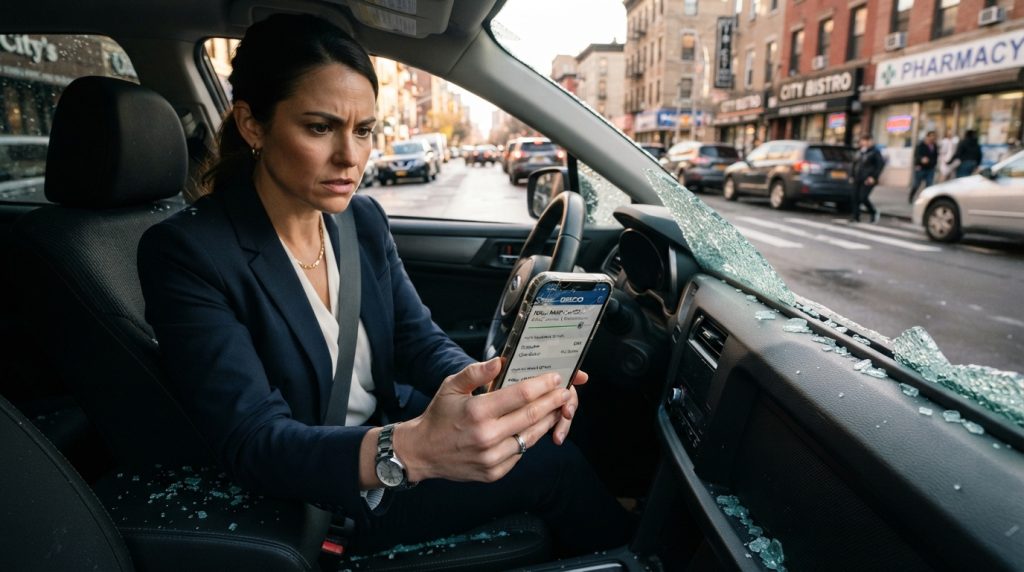 A driver in a professionally dressed outfit, sitting inside their car with a concerned expression, reviewing insurance details on a smartphone or tablet. The foreground features the driver’s hands holding the device, showing a close-up of the screen displaying insurance information. The middle ground includes the broken side window, glass fragments scattered on the car seat and floor, reflecting sunlight. In the background, a blurred city street hints at an urban environment, with parked cars and pedestrians. Soft, natural light illuminates the scene, suggesting a late afternoon setting, creating a mood of tension and urgency amidst the everyday hustle of city life. Focus on capturing the driver's determination to resolve their situation.