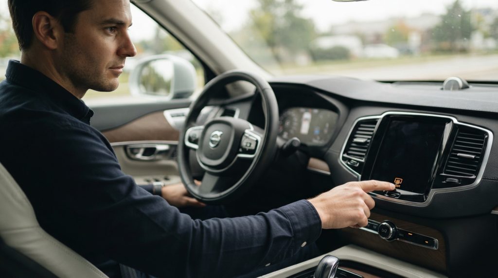 A focused image of a professional driver sitting in a modern car, reaching toward the rear windshield defroster button located on the dashboard. The foreground highlights the driver’s hand in a smart casual outfit, directing attention to the sleek, illuminated defroster button. In the middle ground, a portion of the dashboard is visible, showcasing clean lines and a contemporary design, with soft ambient lighting highlighting the controls. The background features the blurred outline of the car's interior, suggesting a sense of being inside the vehicle. Natural daylight filters through the windshield, creating a warm and practical atmosphere. The angle captures the driver's profile, emphasizing the importance of the defroster as a functional element in vehicle maintenance.