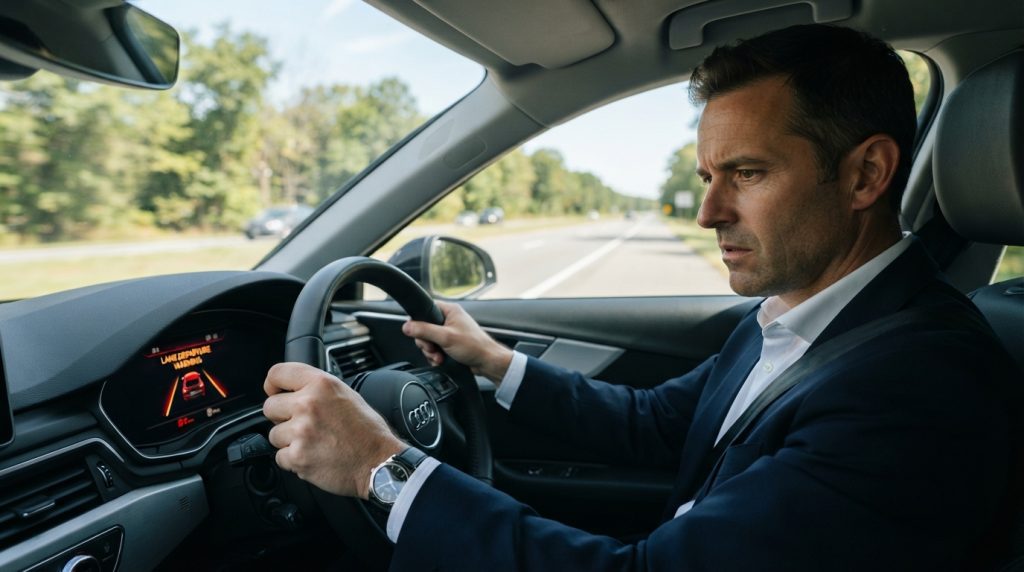 A focused view of a driver inside a car, dressed in professional attire, looking intently at the dashboard. The foreground prominently features the dashboard display highlighting a lane departure warning alert with bright colors. In the middle, the driver has a concerned expression, hands firmly gripping the steering wheel. The vehicle is shown traveling on a straight road lined with trees on either side, gently blurred to create depth. The background displays a clear blue sky, indicating a sunny day, enhancing the atmosphere of concentration and awareness. The light from the sun casts soft shadows, creating a realistic and engaging mood. The perspective is slightly angled, giving emphasis to the driver and the alert system while maintaining a professional feel throughout the scene. A focused view of a driver inside a car, dressed in professional attire, looking intently at the dashboard. The foreground prominently features the dashboard display highlighting a lane departure warning alert with bright colors. In the middle, the driver has a concerned expression, hands firmly gripping the steering wheel. The vehicle is shown traveling on a straight road lined with trees on either side, gently blurred to create depth. The background displays a clear blue sky, indicating a sunny day, enhancing the atmosphere of concentration and awareness. The light from the sun casts soft shadows, creating a realistic and engaging mood. The perspective is slightly angled, giving emphasis to the driver and the alert system while maintaining a professional feel throughout the scene.