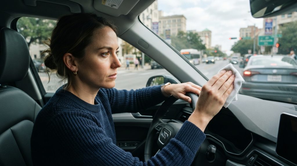 A focused view of a driver sitting in a modern car, carefully using a cloth to keep dirt away from a small chip on the windshield, preparing for an auto glass repair. The foreground features the driver, dressed in smart casual attire, with a concentrated expression. In the middle, the windshield displays a visible chip, sparkling under the soft natural light entering the car. The background includes a blurred image of a busy San Antonio street, conveying a sense of urban life. The image is well-lit, with the sunlight casting gentle reflections on the glass, creating an atmosphere of attentiveness and professionalism in this vehicle maintenance moment. A focused view of a driver sitting in a modern car, carefully using a cloth to keep dirt away from a small chip on the windshield, preparing for an auto glass repair. The foreground features the driver, dressed in smart casual attire, with a concentrated expression. In the middle, the windshield displays a visible chip, sparkling under the soft natural light entering the car. The background includes a blurred image of a busy San Antonio street, conveying a sense of urban life. The image is well-lit, with the sunlight casting gentle reflections on the glass, creating an atmosphere of attentiveness and professionalism in this vehicle maintenance moment.