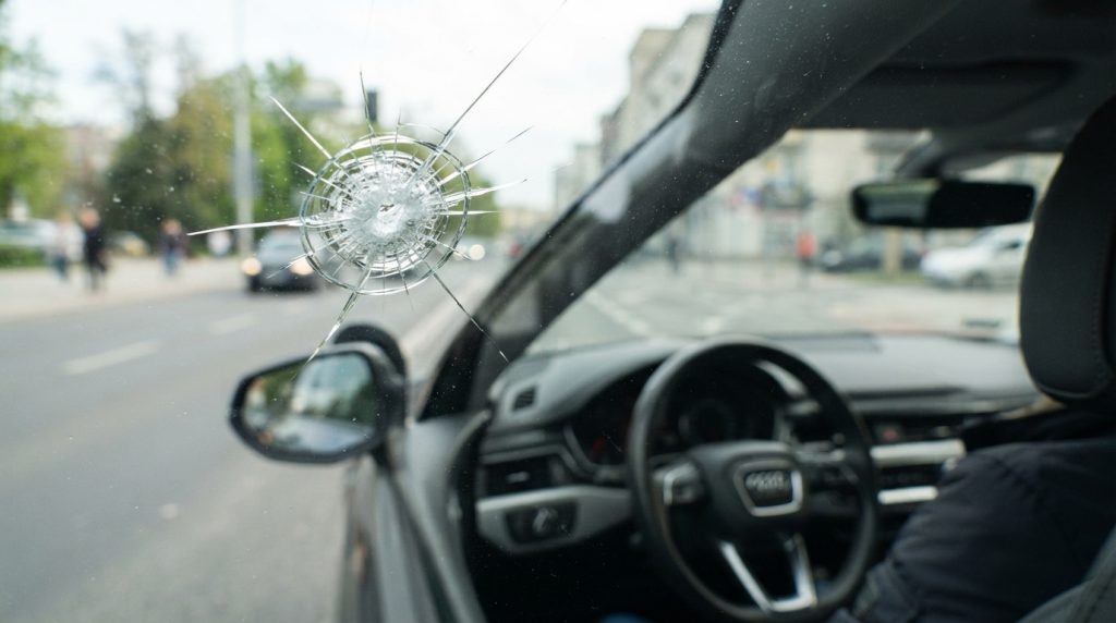 A large windshield chip prominently positioned near the driver's viewpoint, revealing intricate cracks radiating outward from the impact point. The foreground captures the textured surface of the windshield, glistening under a bright natural light, which emphasizes the severity of the damage. In the middle ground, the car interior is visible with a clean dashboard, showing a slight blur to focus attention on the chip. The background features a soft, out-of-focus street scene, suggesting an urban environment. The overall mood is serious and contemplative, highlighting the importance of assessing windshield damage before further risk. The image should have a realistic style, captured from a slightly angled perspective to create depth and draw the viewer’s eye toward the chip.