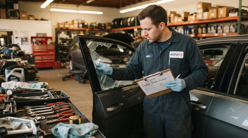 A mechanic in blue coveralls inspects a damaged side-window of a car in a well-lit auto repair shop. The technician is intently focused on checking the shattered glass, holding a clipboard with notes in one hand while the other hand carefully examines the jagged edges of the broken window. In the foreground, tools and parts are visible on a workbench, reflecting the technical environment. In the background, shelves with auto parts and a soft overhead light create a warm atmosphere. The scene conveys a sense of professionalism and diligence, capturing the moment of assessment before repairing the vehicle's window. The angle is slightly from above, providing a comprehensive view of the technician's actions.