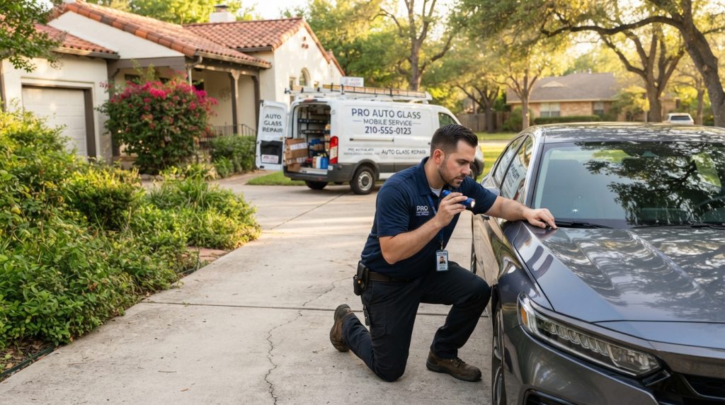 A mobile auto glass service technician, dressed in professional attire, inspects a vehicle at a charming San Antonio home. In the foreground, the technician is kneeling beside the car, closely examining a windshield chip with a flashlight. The vehicle, a modern sedan, is parked on a well-kept driveway surrounded by lush greenery. In the middle ground, the technician's work van is visible, displaying equipment for windshield repair. The background features a sunny San Antonio neighborhood, with warm lighting that creates a welcoming atmosphere. The angle captures the technician's focused expression, highlighting the importance of thorough assessment in the chip repair process. The overall mood is professional and proactive, conveying trust and reliability. A mobile auto glass service technician, dressed in professional attire, inspects a vehicle at a charming San Antonio home. In the foreground, the technician is kneeling beside the car, closely examining a windshield chip with a flashlight. The vehicle, a modern sedan, is parked on a well-kept driveway surrounded by lush greenery. In the middle ground, the technician's work van is visible, displaying equipment for windshield repair. The background features a sunny San Antonio neighborhood, with warm lighting that creates a welcoming atmosphere. The angle captures the technician's focused expression, highlighting the importance of thorough assessment in the chip repair process. The overall mood is professional and proactive, conveying trust and reliability.