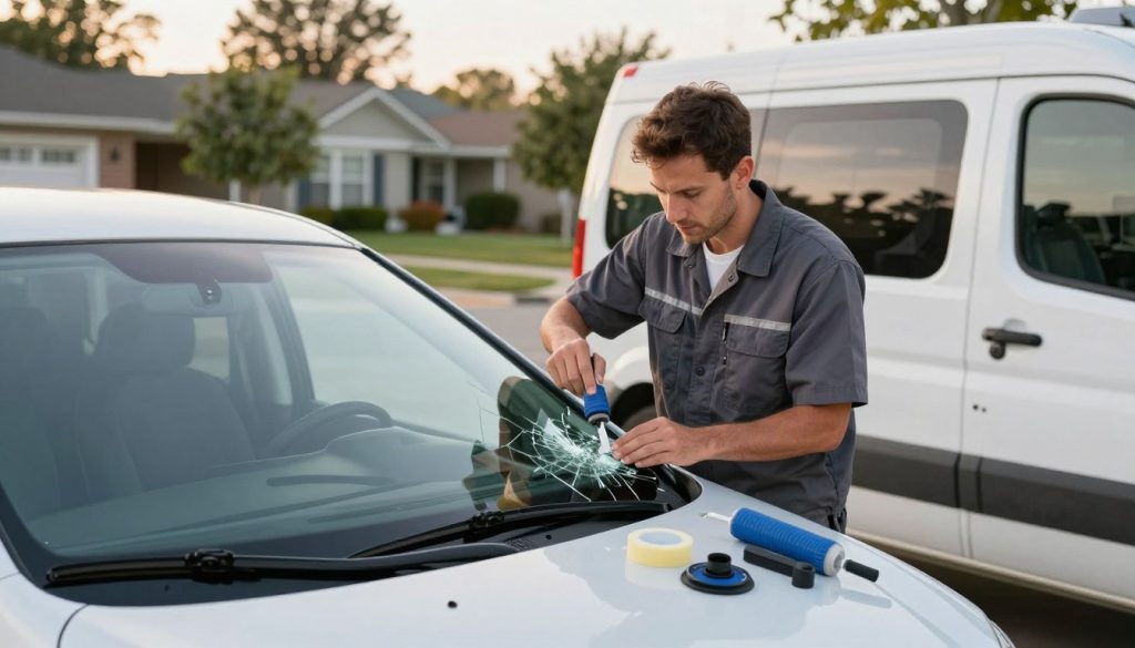 A mobile auto glass service vehicle parked beside a residential driveway, prominently featuring a technician in a professional uniform, focusing intently on replacing a cracked windshield. In the foreground, tools like a vacuum, adhesive, and glass suction cups are neatly arranged. The middle-ground highlights the technician's skilled hands at work, with a close-up of the glass being fitted into place. In the background, a suburban neighborhood with trees and well-kept lawns under a warm afternoon sun creates an inviting atmosphere. Soft, natural lighting casts gentle shadows, enhancing the detail in the scene. The overall mood is one of professionalism and dedication, illustrating the miracle of auto glass repair during a perfect evening. A mobile auto glass service vehicle parked beside a residential driveway, prominently featuring a technician in a professional uniform, focusing intently on replacing a cracked windshield. In the foreground, tools like a vacuum, adhesive, and glass suction cups are neatly arranged. The middle-ground highlights the technician's skilled hands at work, with a close-up of the glass being fitted into place. In the background, a suburban neighborhood with trees and well-kept lawns under a warm afternoon sun creates an inviting atmosphere. Soft, natural lighting casts gentle shadows, enhancing the detail in the scene. The overall mood is one of professionalism and dedication, illustrating the miracle of auto glass repair during a perfect evening.